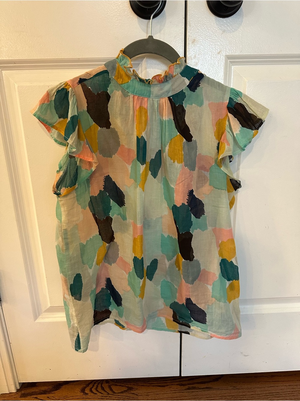 Bright and Colorful Mock Neck Flutter Sleeve Top